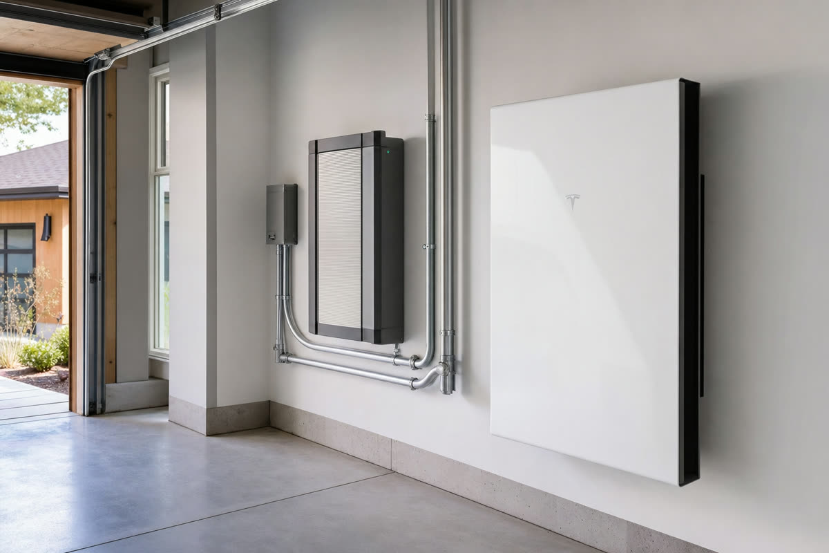 Tesla Powerwall and Enphase battery system installed in a residential garage