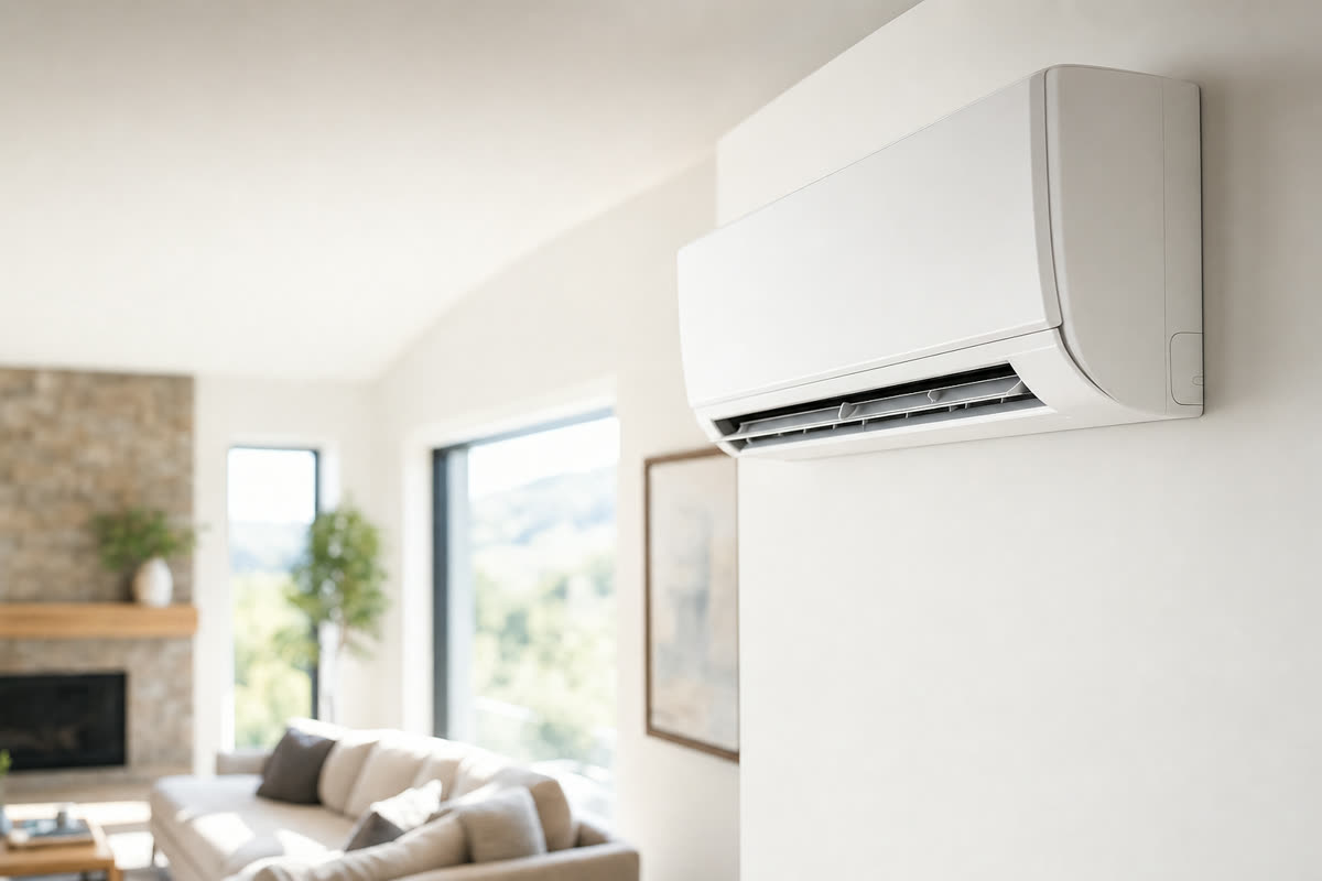 Modern ductless mini-split HVAC unit installed in a Hudson Valley living room